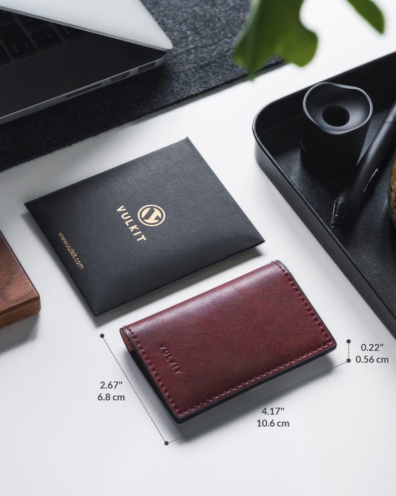 VULKIT Leather Business Card Holder 2 Sided Slim Business Name Card Organizer for Men or Women, Up to hold 20 cards (Vintage Wine) - Image 2